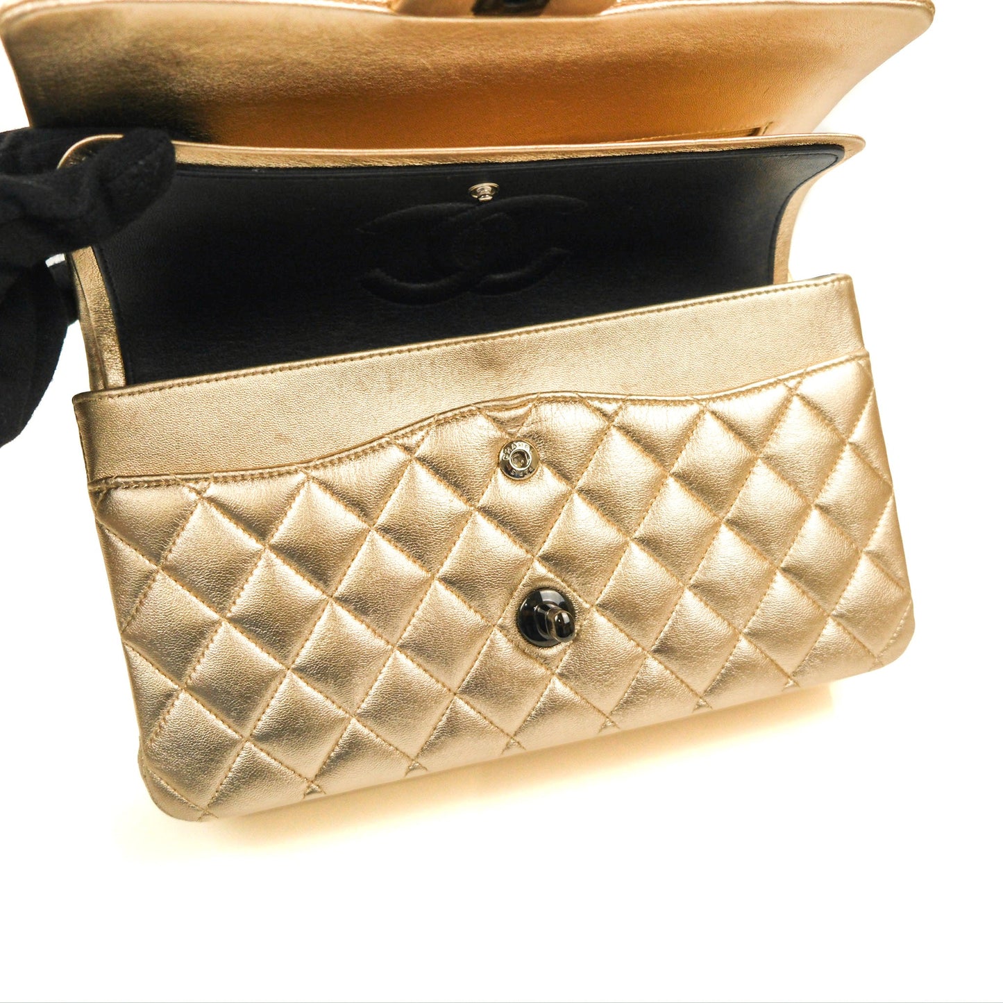 Chanel Classic M/L Medium Flap Quilted Metallic Gold Lambskin Gun Metal