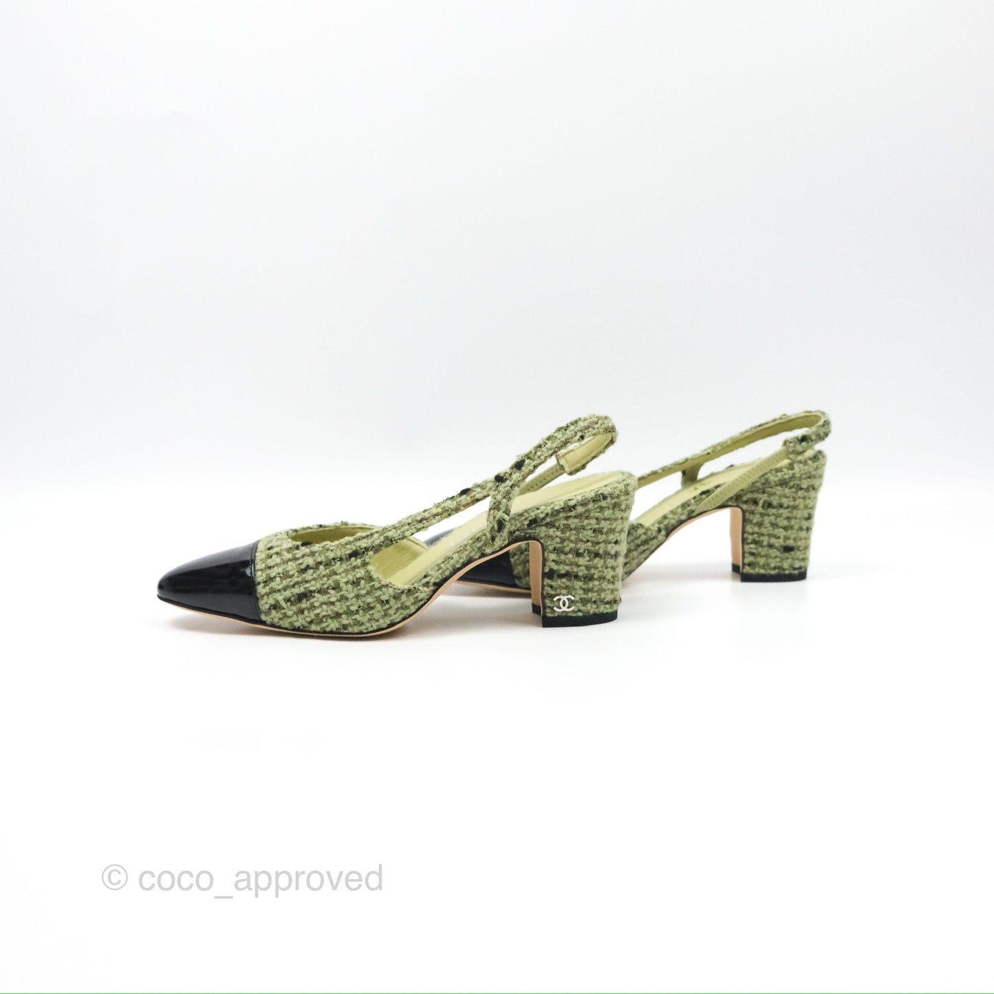 Chanel Classic Slingback Pumps Tweed Patent Green Black