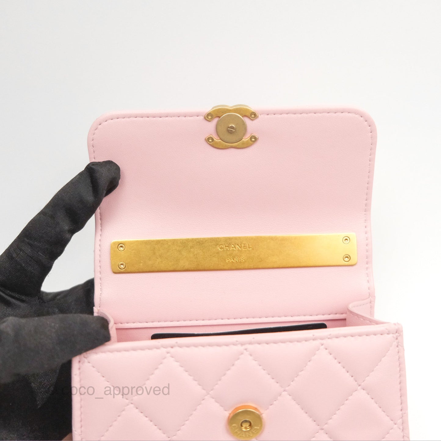Chanel Enamel Top Handle Clutch with Chain Pink Lambskin Aged Gold Hardware 22B