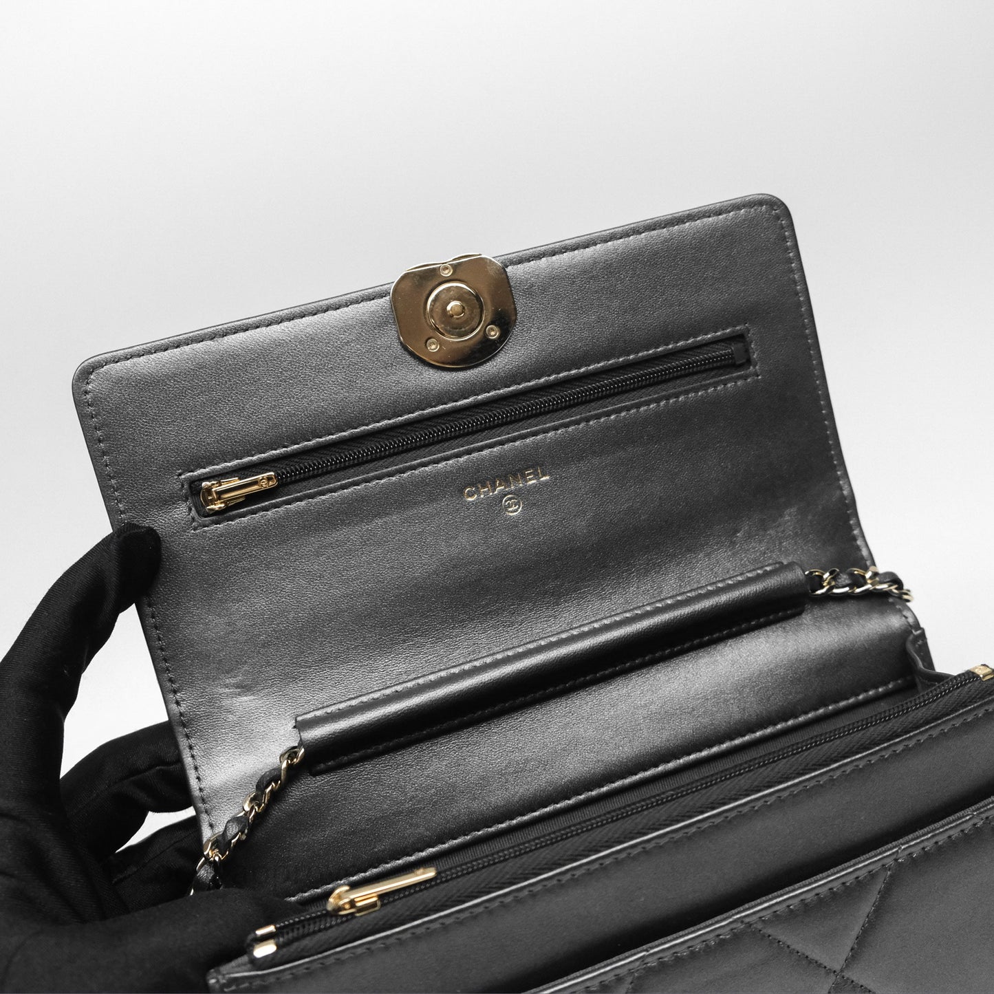 Chanel Wallet On Chain WOC Iridescent Dark Grey Lambskin Gold Hardware