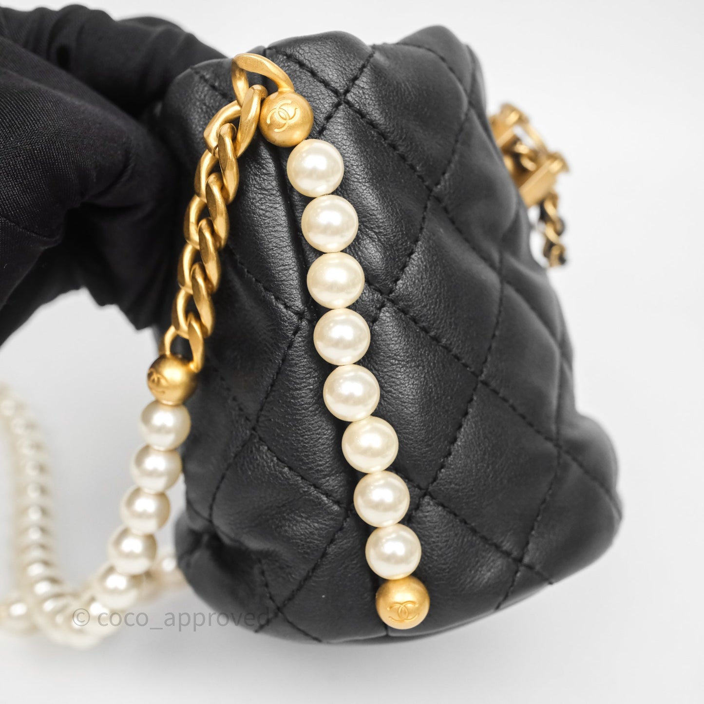 Chanel Quilted Pearl Mini About Pearls Drawstring Bucket Bag Black Calfskin