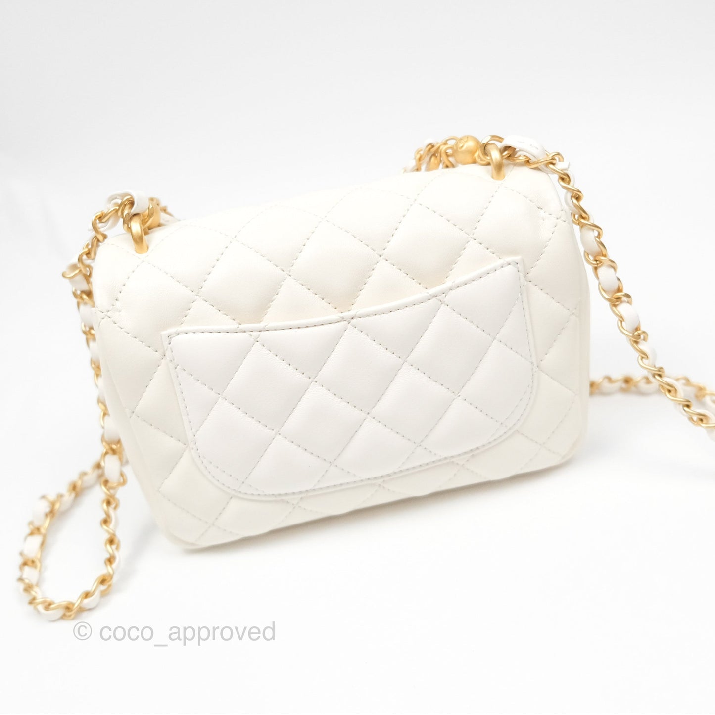 Chanel Pearl Chain Mini Flap Bag White Lambskin Aged Gold Hardware 24P