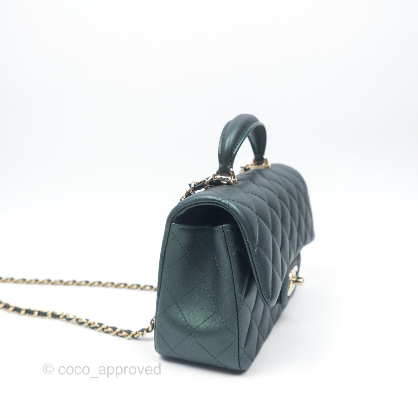 Chanel Top Handle Mini Rectangular Flap Bag Iridescent Dark Green Lambskin Gold Hardware