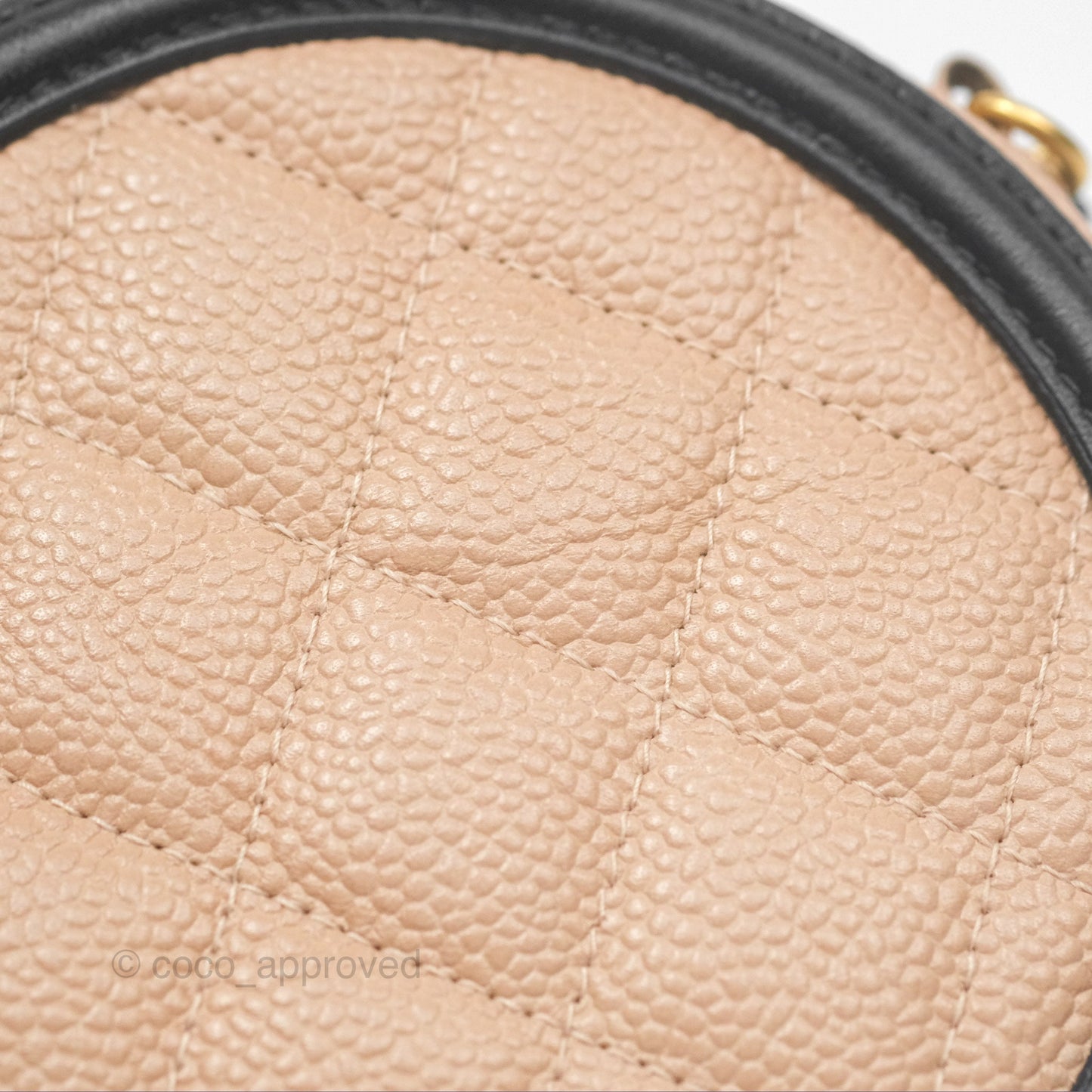 Chanel Quilted Round Filigree Clutch With Chain Beige Black Caviar Gold Hardware