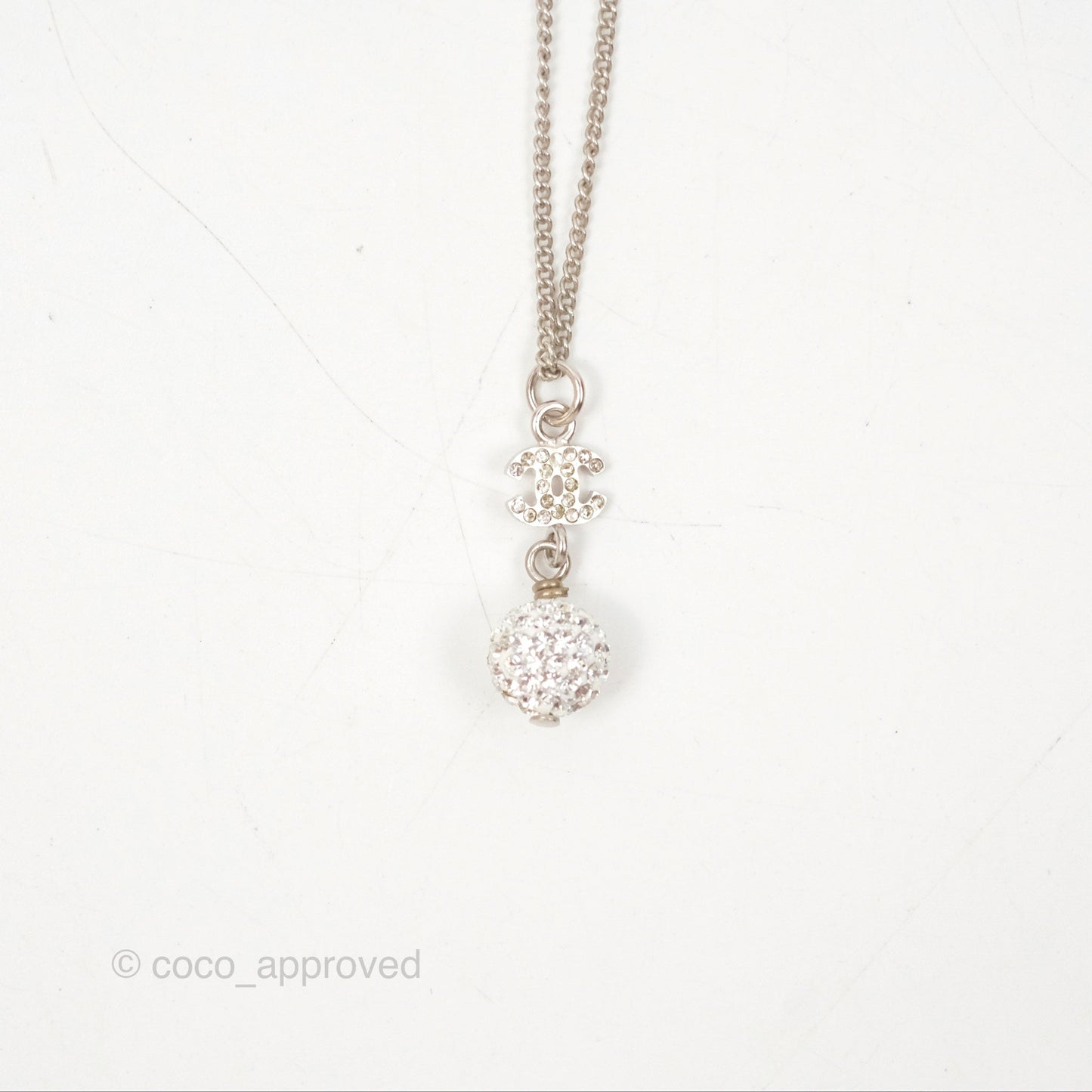 Chanel Crystal CC Pearl Drop Necklace Silver Tone 11P