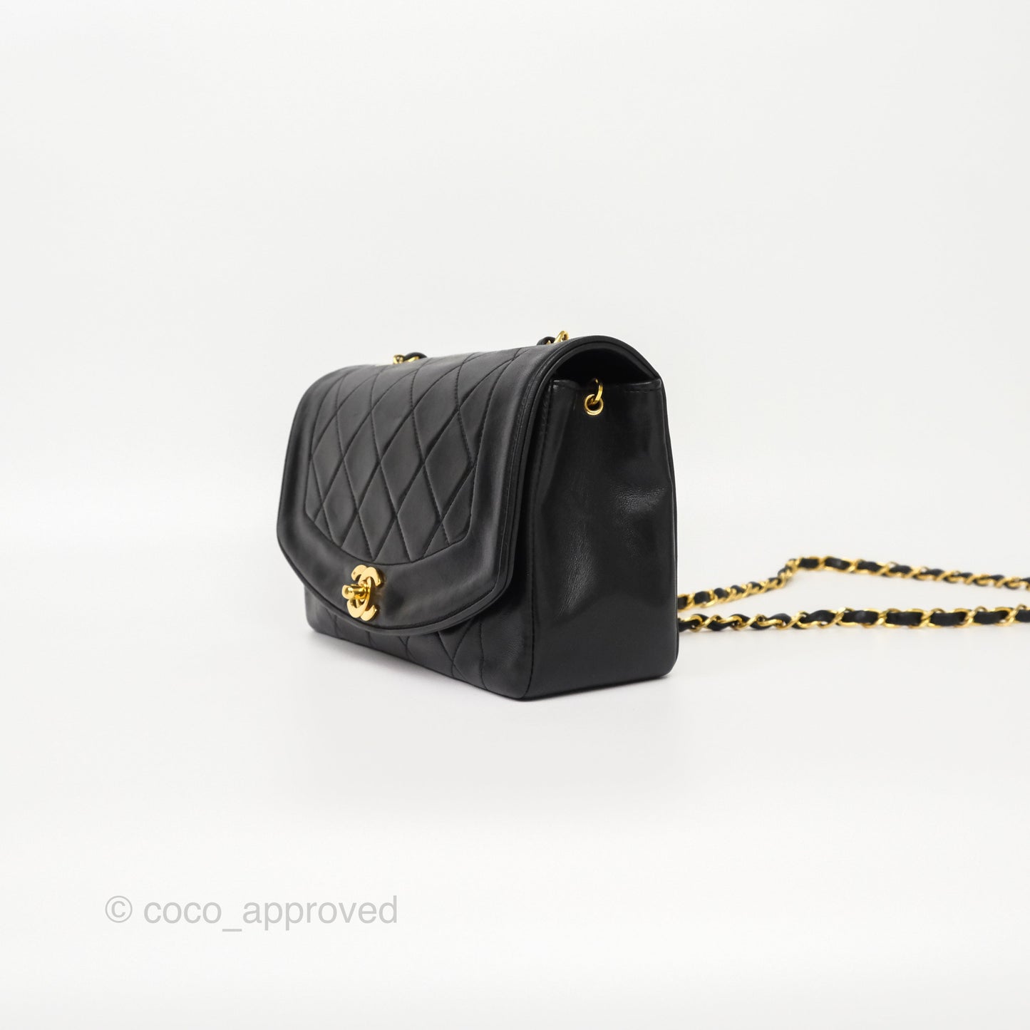 Chanel Vintage Small Classic Diana Quilted Black Lambskin 24K Gold Hardware