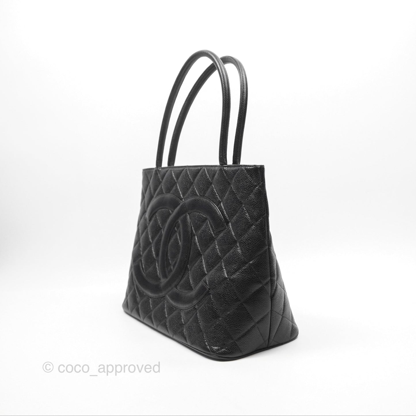 Chanel Vintage Medallion CC Black Caviar Tote Bag Silver Hardware