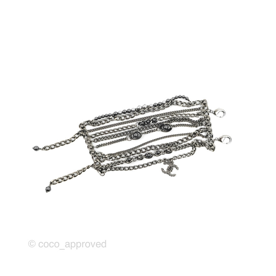 Chanel CC Pearl Bead Multi Strand Bracelet Gun Metal 15P