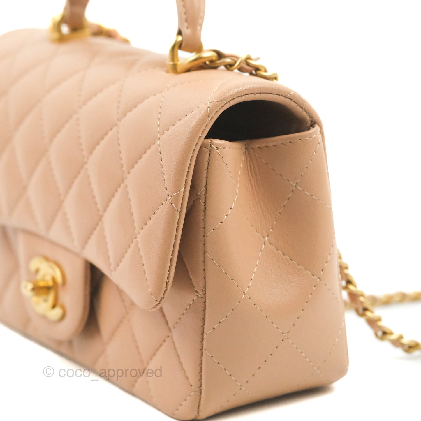 Chanel Top Handle Mini Rectangular Flap Bag Beige Lambskin Gold Hardware