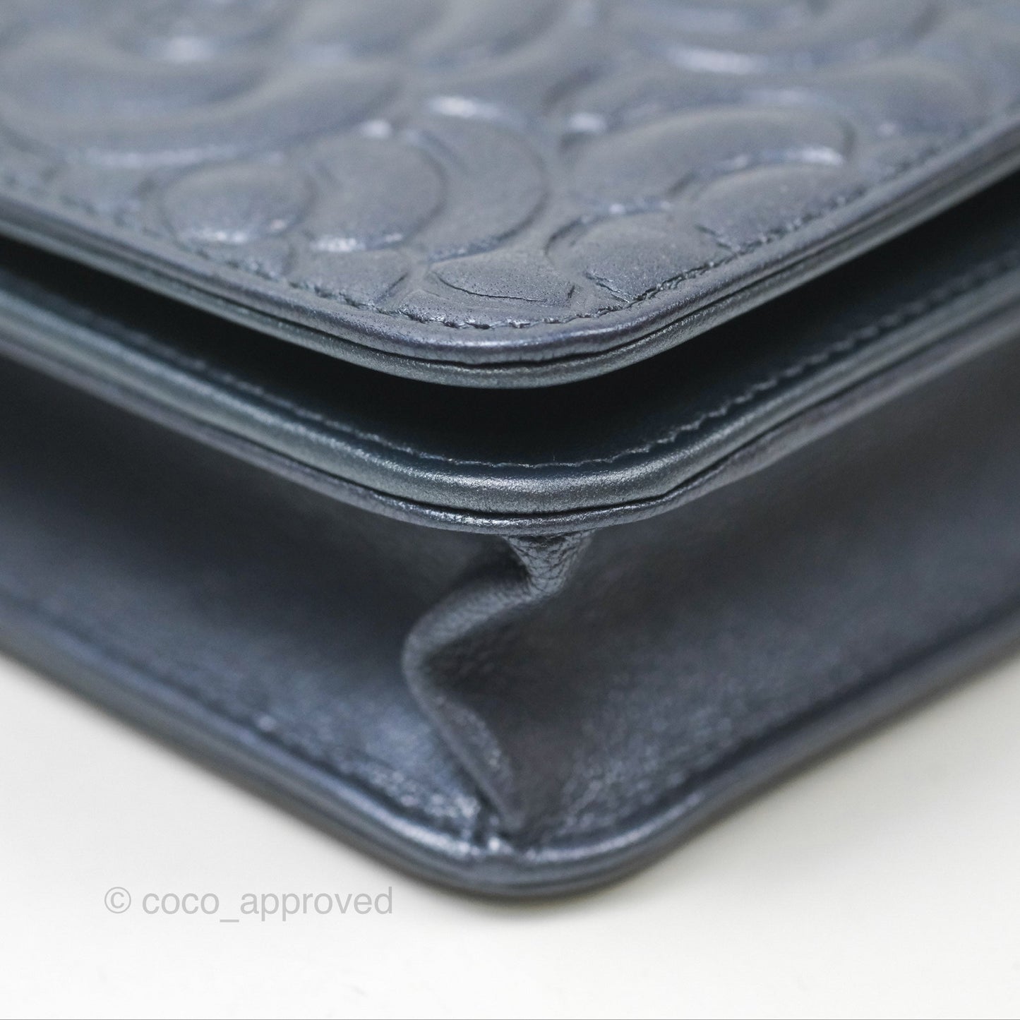 Chanel Camellia Wallet on Chain WOC Iridescent Navy Calfskin Silver Hardware
