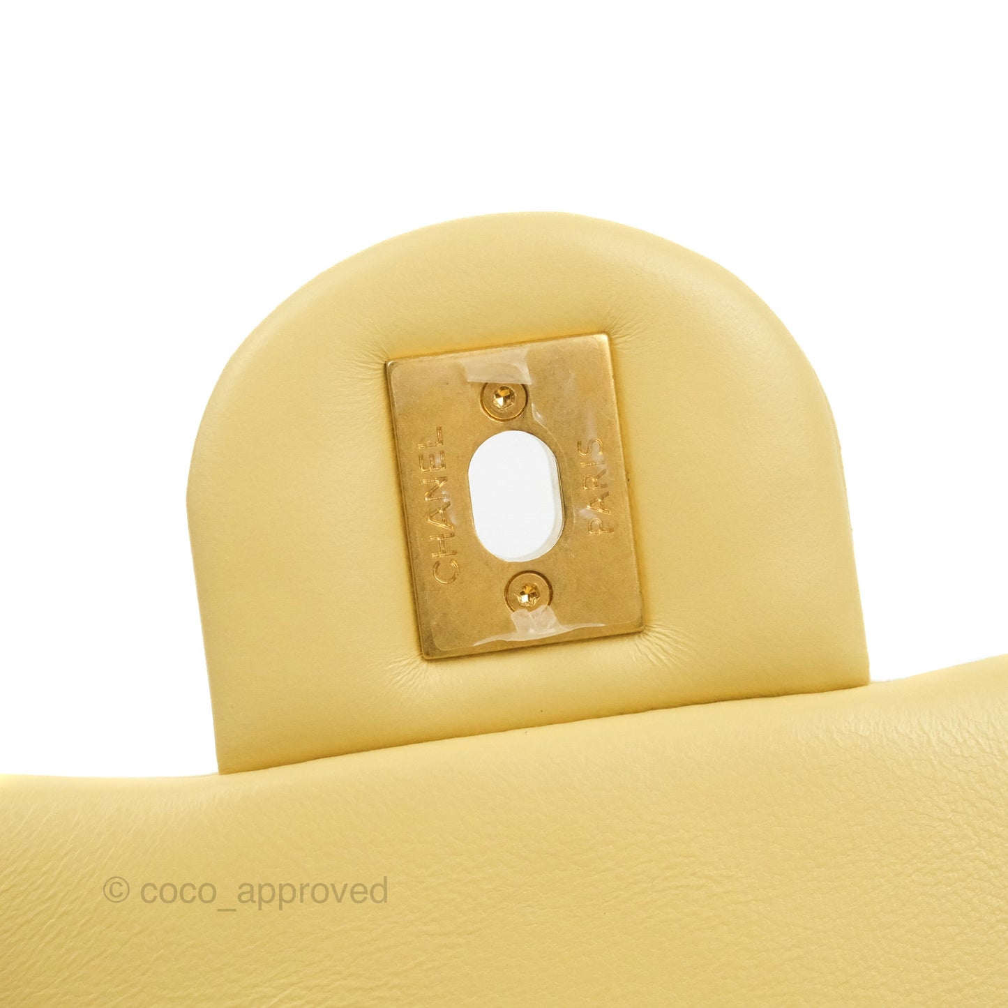 Chanel Enamel Quilted Pending CC Mini Square Flap Yellow Lambskin Aged Gold Hardware 22P