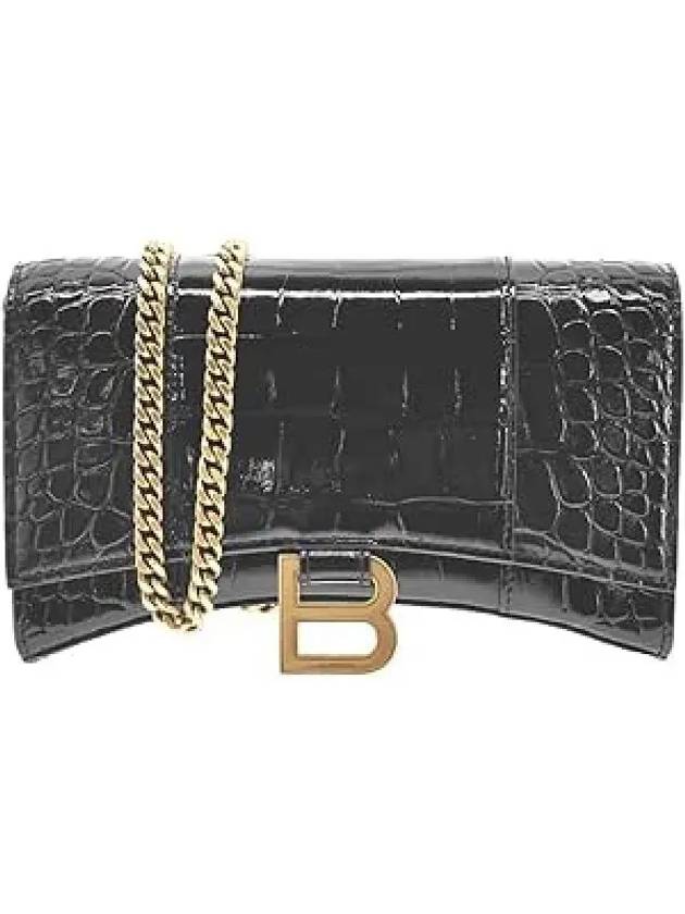 Luxury Balenciaga Hourglass Chain Crocodile Embossed Calfskin Medium Wallet Black