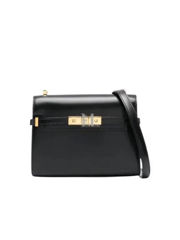 Luxury Saint Laurent Manhattan Mini Embossed Gold-Tone Logo Leather Cross Bag Black