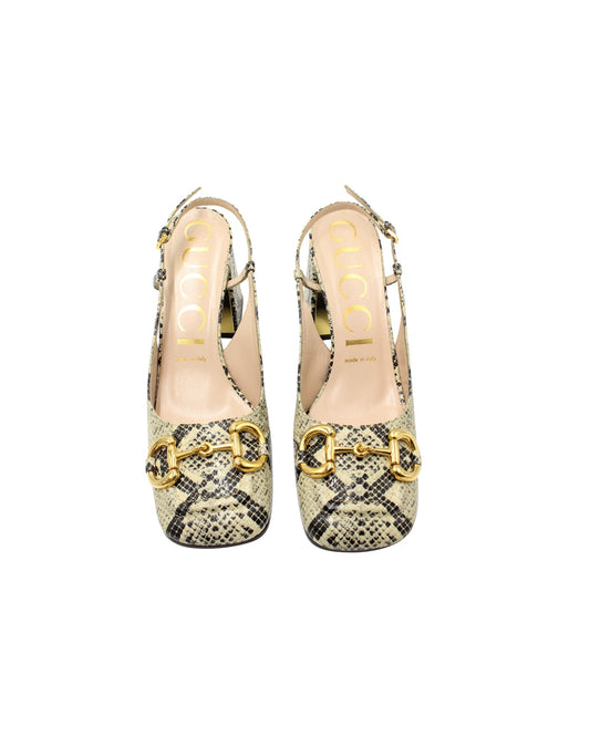 Luxury Gucci Trending 2025 Horsebit Snakeskin-Embossed Slingback Pumps in Multicolor Leather