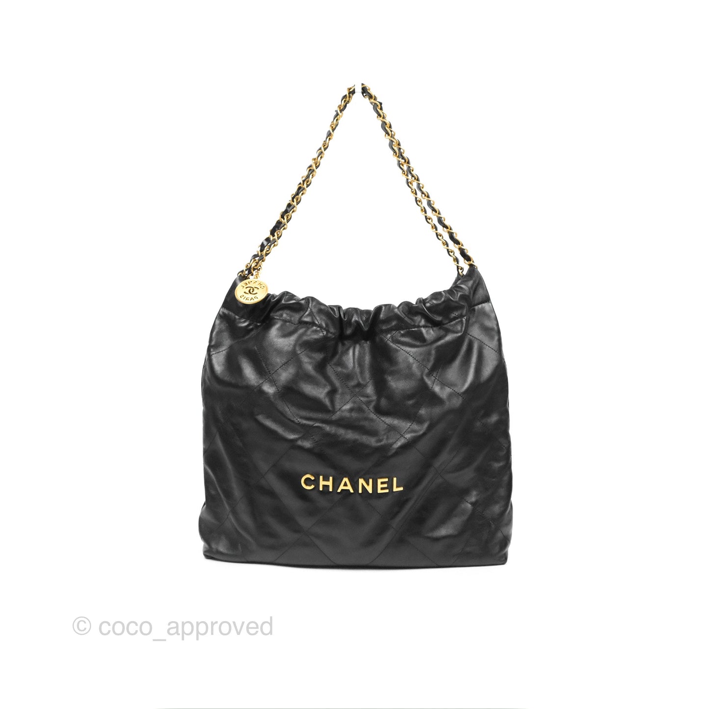 Chanel 22 Medium Black Shiny Calfskin Aged Gold Hardware