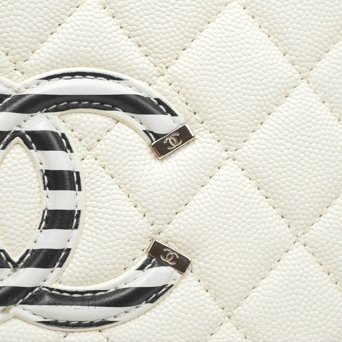Chanel Quilted Medium CC Filigree Vanity Case White Black Stripe Caviar Silver Hardware