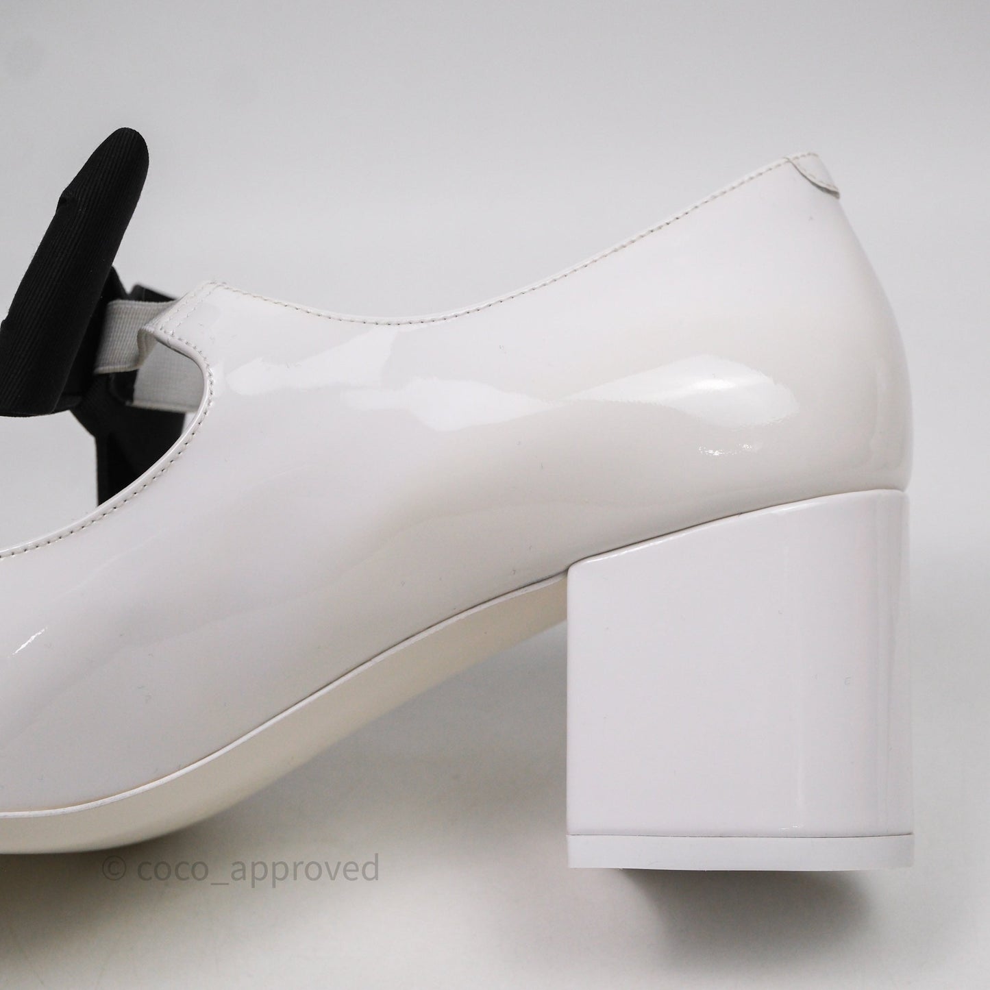 Chanel CC Ribbon Mary Jane Block Heels White Patent Size 39