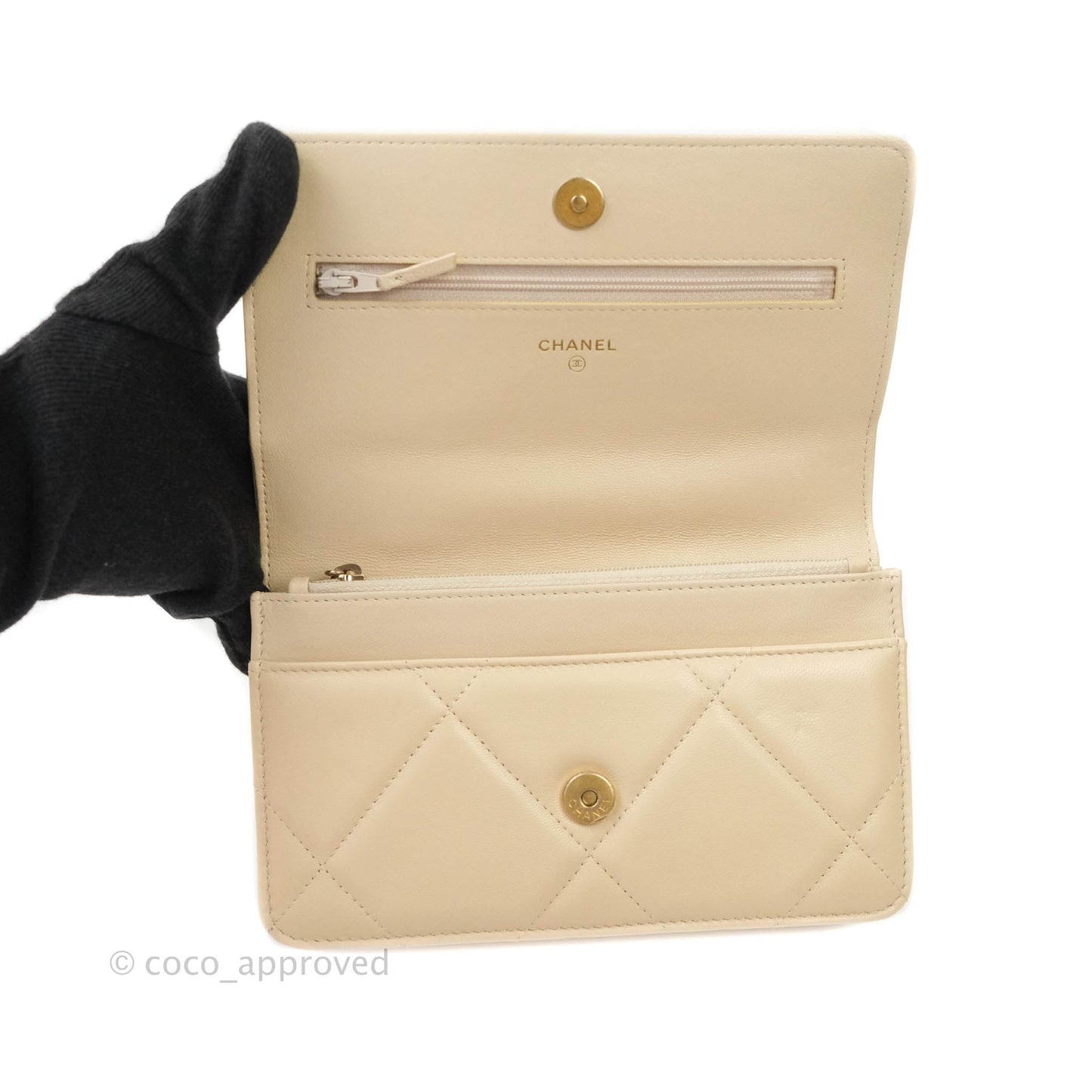 Chanel 19 Quilted Wallet on Chain WOC Beige Goatskin Mixed Hardware