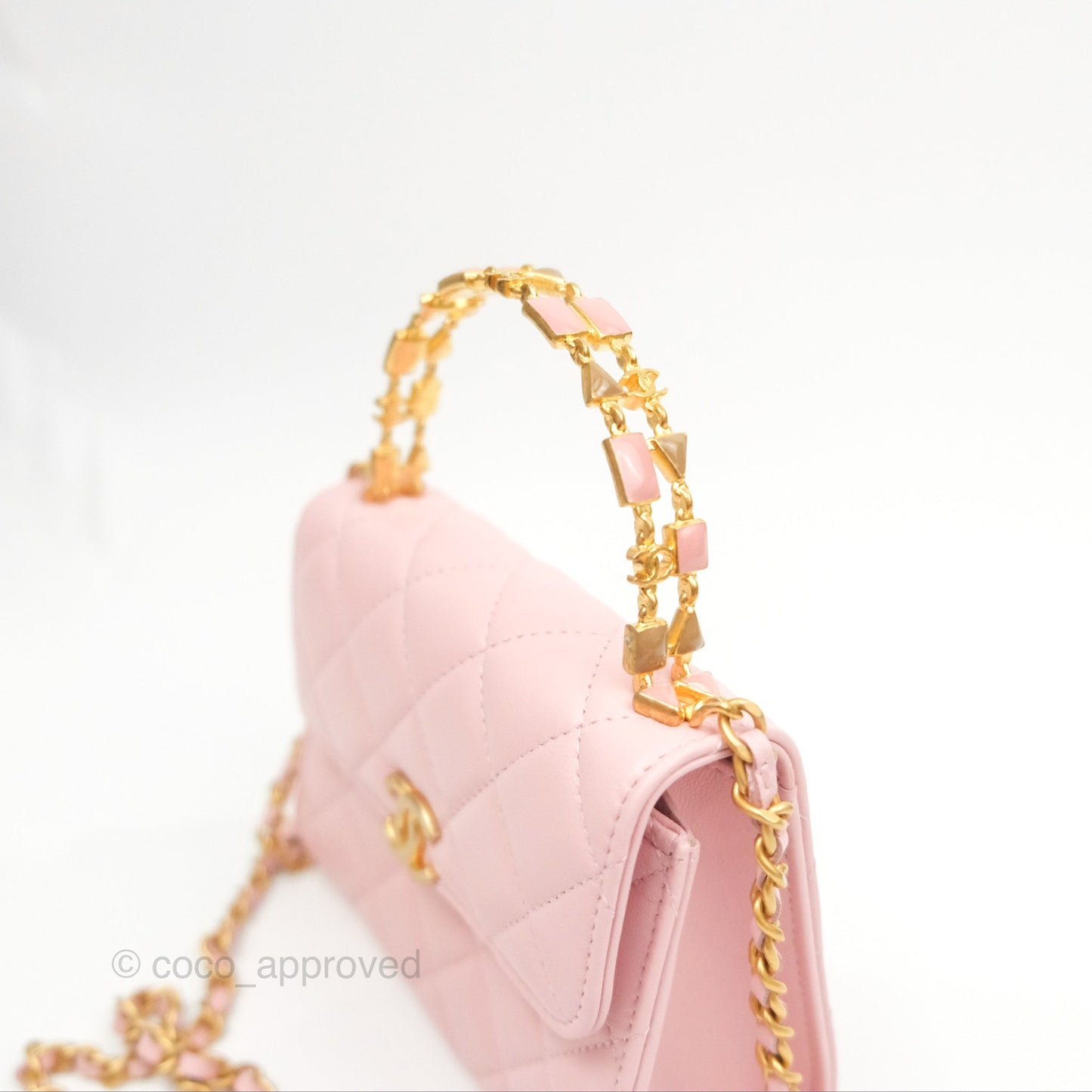 Chanel Enamel Top Handle Clutch with Chain Pink Lambskin Aged Gold Hardware 22B