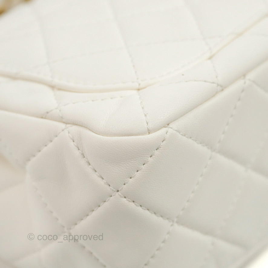 Chanel Mini Square Pearl Crush Quilted White Lambskin Aged Gold Hardware