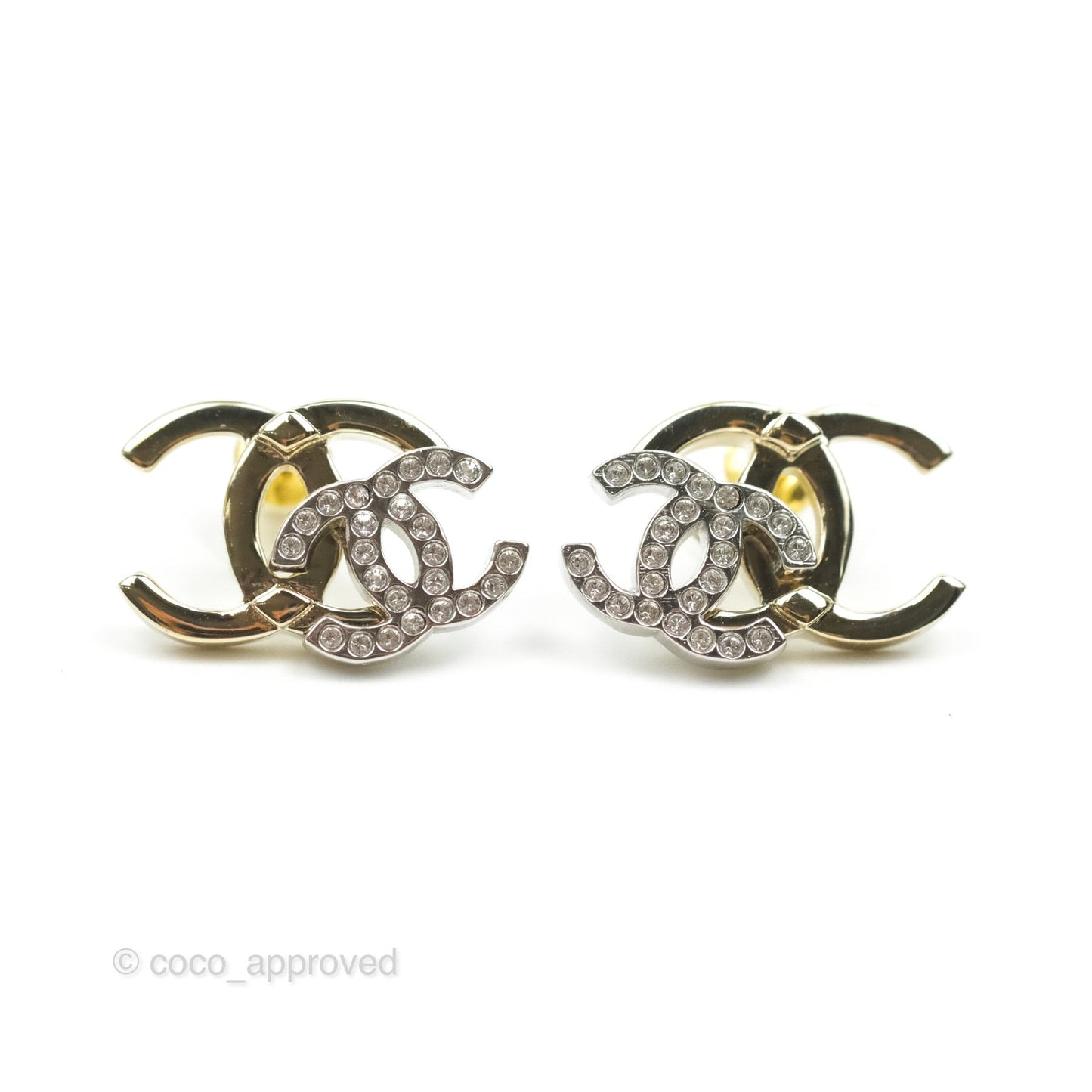 Chanel Double Crystal CC Earrings Silver & Gold Tone 21A