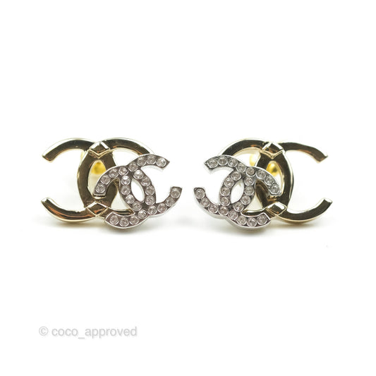 Chanel Double Crystal CC Earrings Silver & Gold Tone 21A