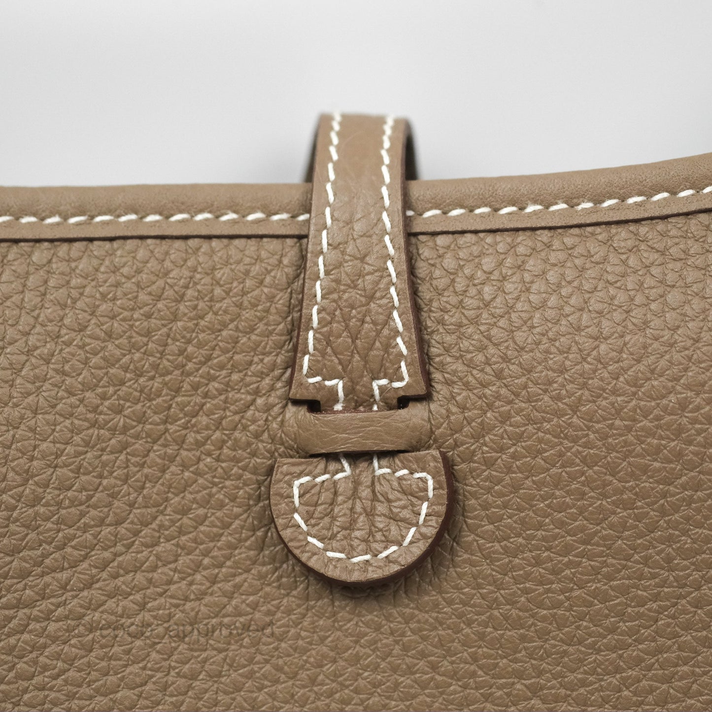 Hermès Mini Evelyne Etoupe Clemence Gold Hardware with Bleu Indigo Strap