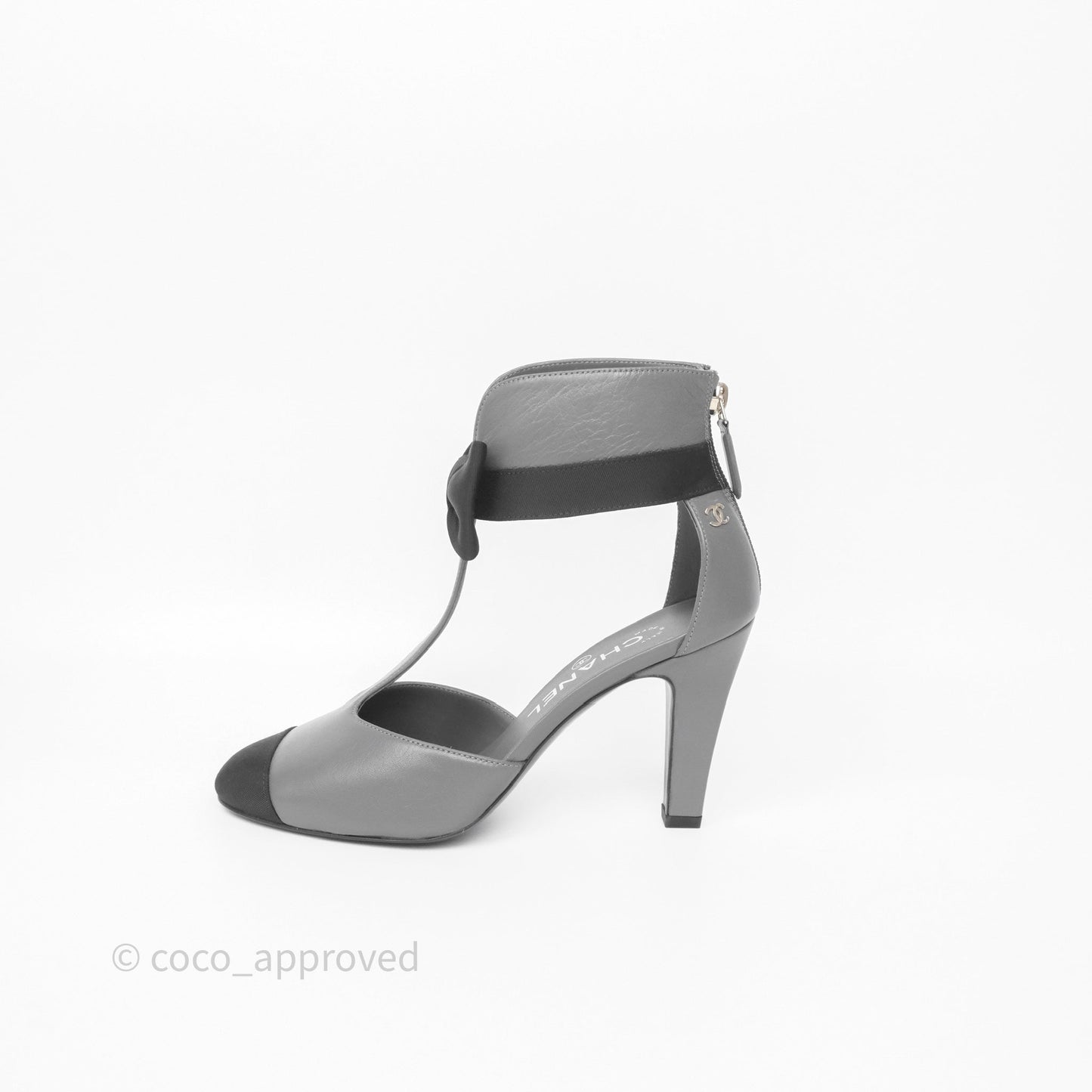 Chanel Cap Toe Bow Ankle-cuff Sandals Grey Black Lambskin