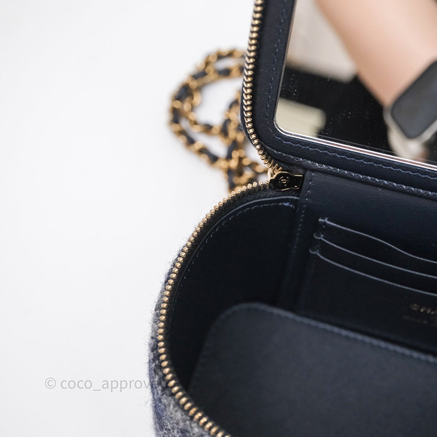 Chanel Vanity With Chain Navy Tweed Plaid Gold Hardware