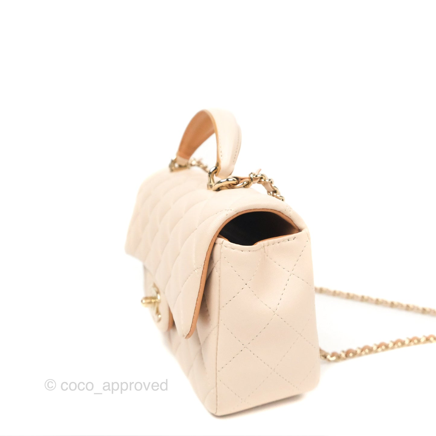 Chanel Top Handle Mini Rectangular Flap Bag Ecru/Beige Lambskin Gold Hardware 23P