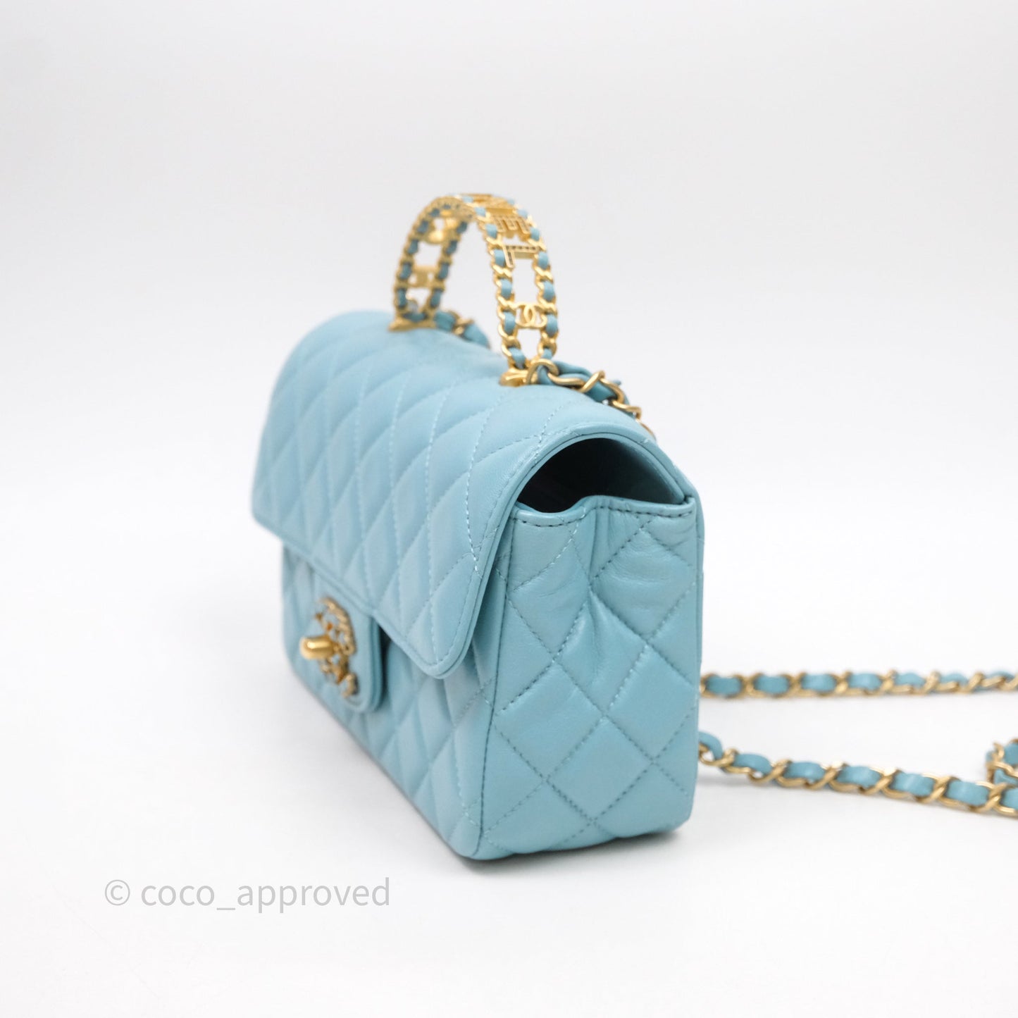 Chanel Flap Bag with Crystal Logo Top Handle Tiffany Blue Lambskin Aged Gold Hardware