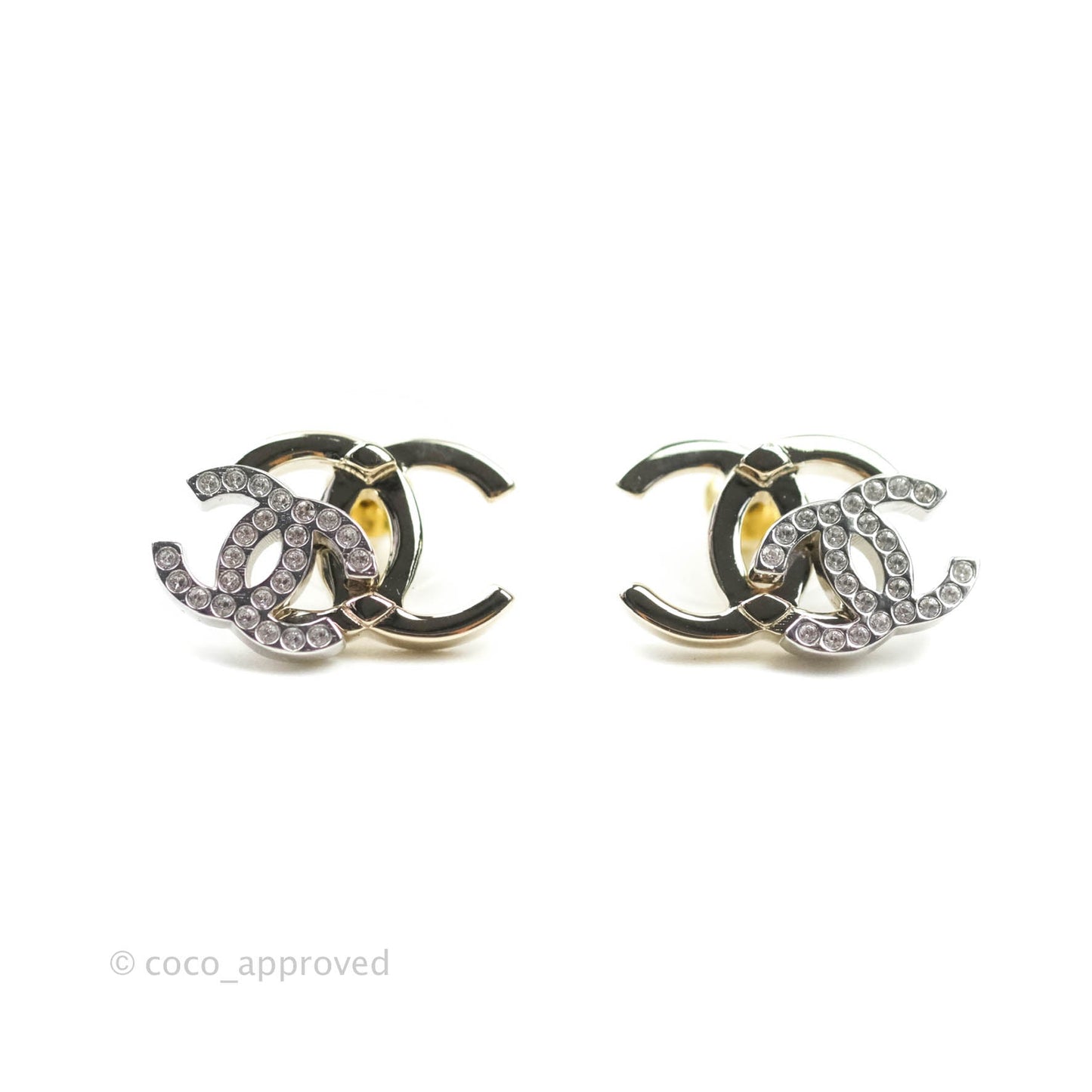 Chanel Double Crystal CC Earrings Silver & Gold Tone 21A