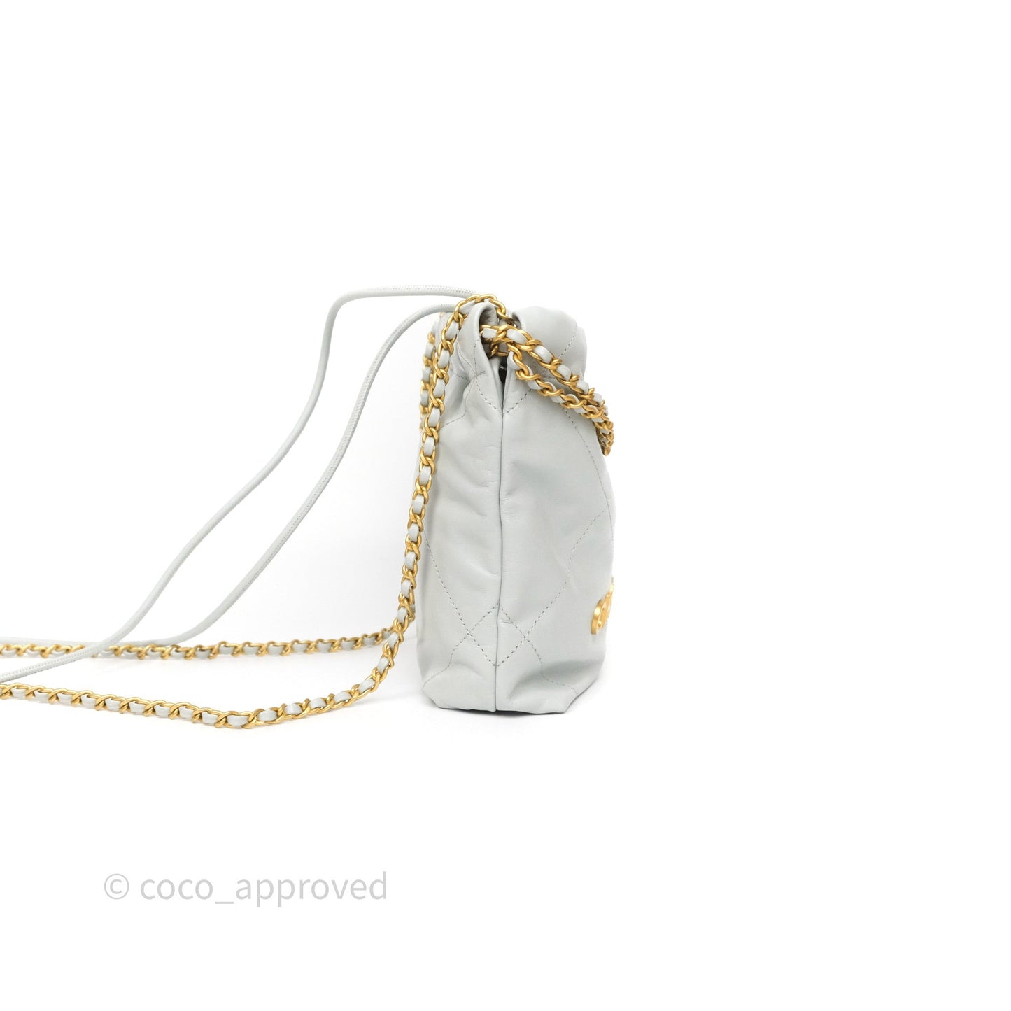 Chanel 22 Mini Bag Light Blue Shiny Crumpled Calfskin Aged Gold Hardware