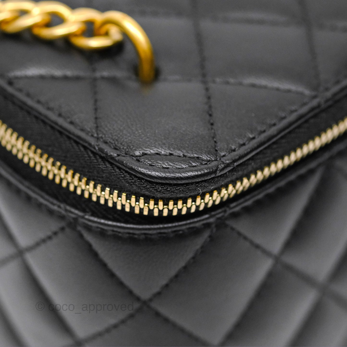 Chanel Quilted Vanity Rectangular with Camellia Adjustable Chain Black Lambskin 23S