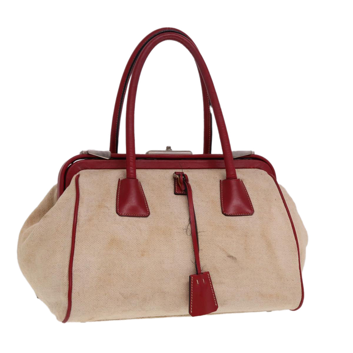 Luxury PradaHand Bag Canvas Leather Cream Red 78856