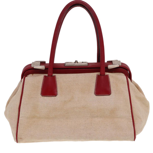 Luxury PradaHand Bag Canvas Leather Cream Red 78856