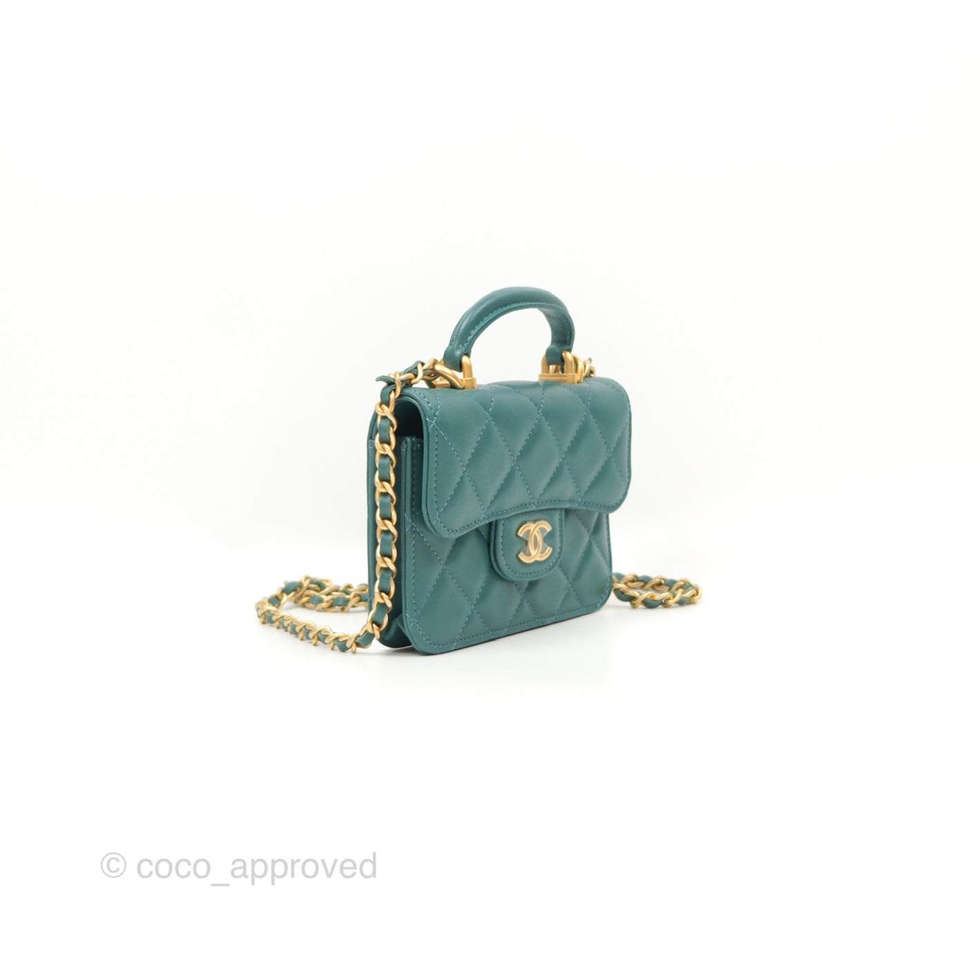 Chanel Mini Handle Flap Coin Purse With Chain Teal Green Lambskin Aged Gold Hardware