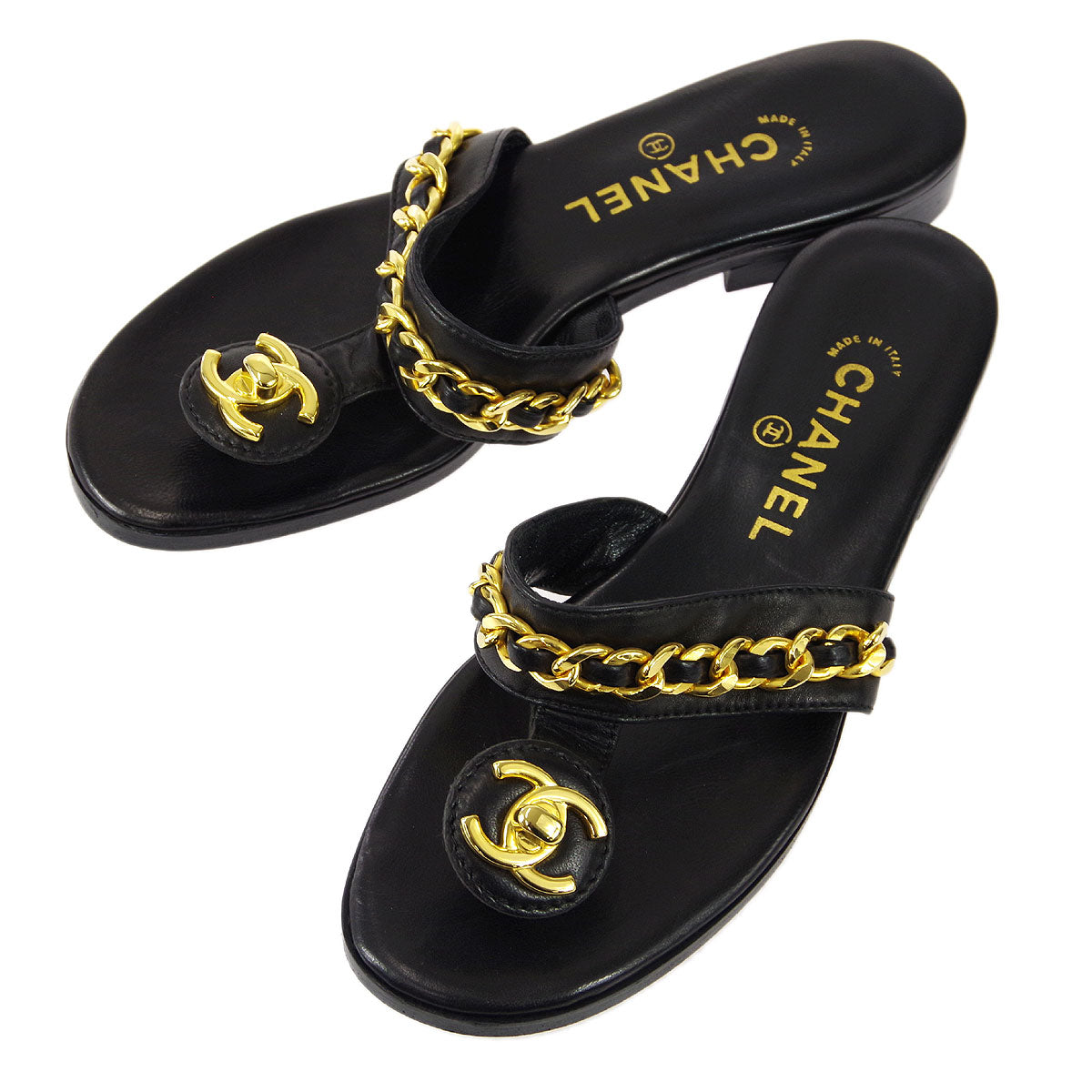 Luxury Chanel * Black Lambskin Turnlock Sandals Shoes #39