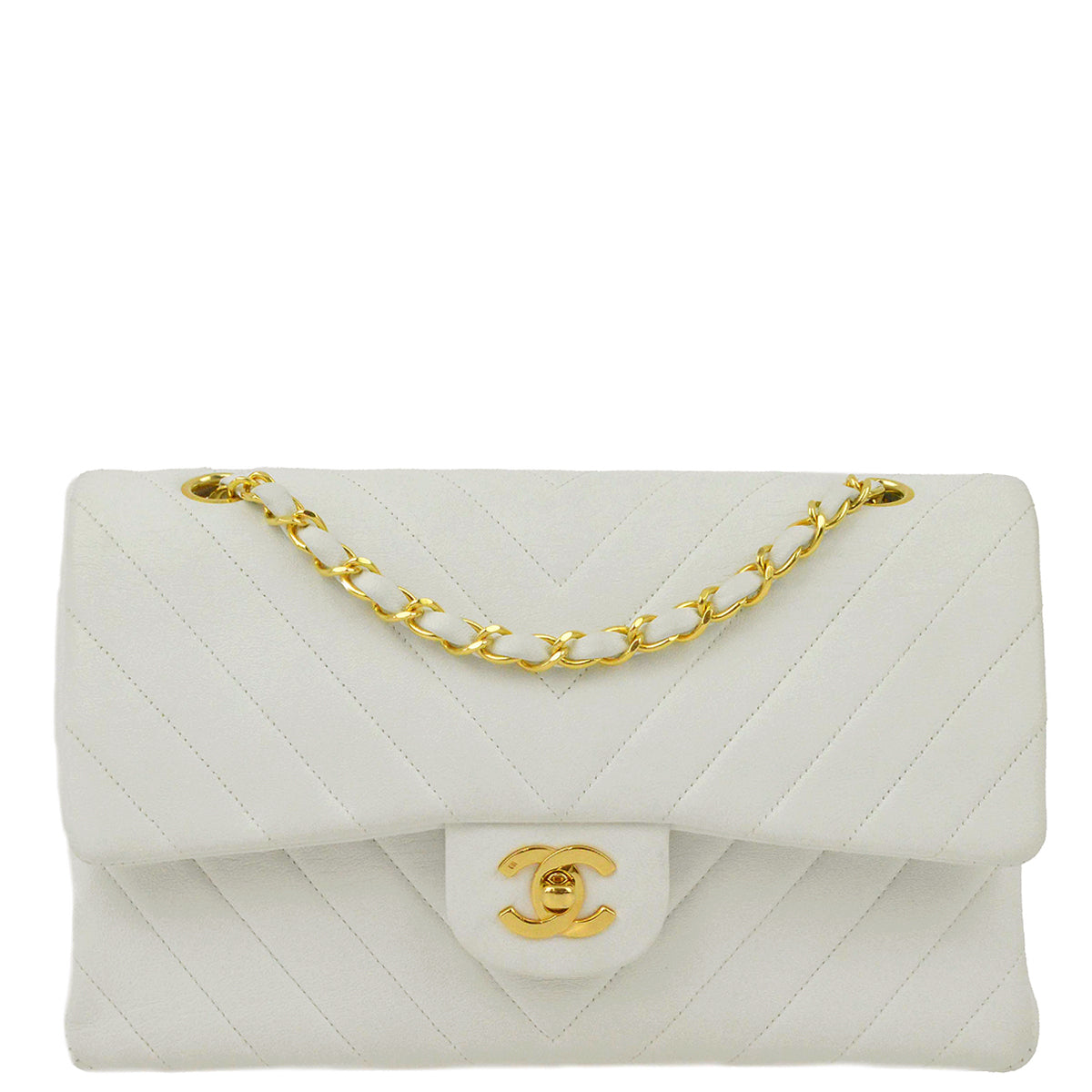 Luxury Chanel White Lambskin V Stitch Medium Classic Double Flap Shoulder Bag