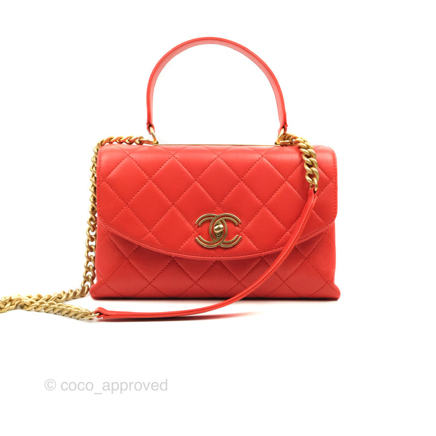 Chanel Top Handle Flap Bag Red Lambskin Aged Gold Hardware