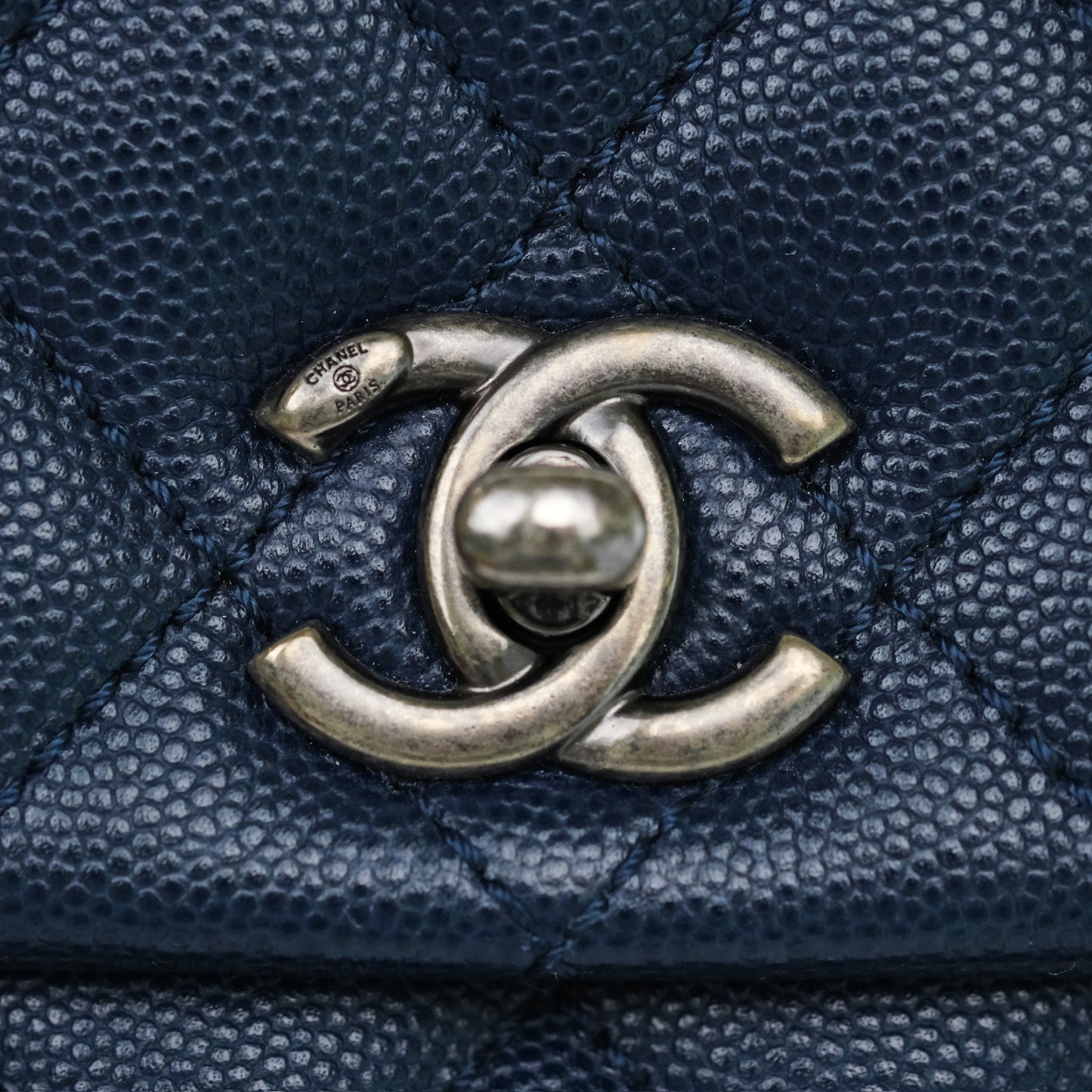 Chanel Small Coco Handle Navy Caviar Ruthenium Hardware Lizard Handle