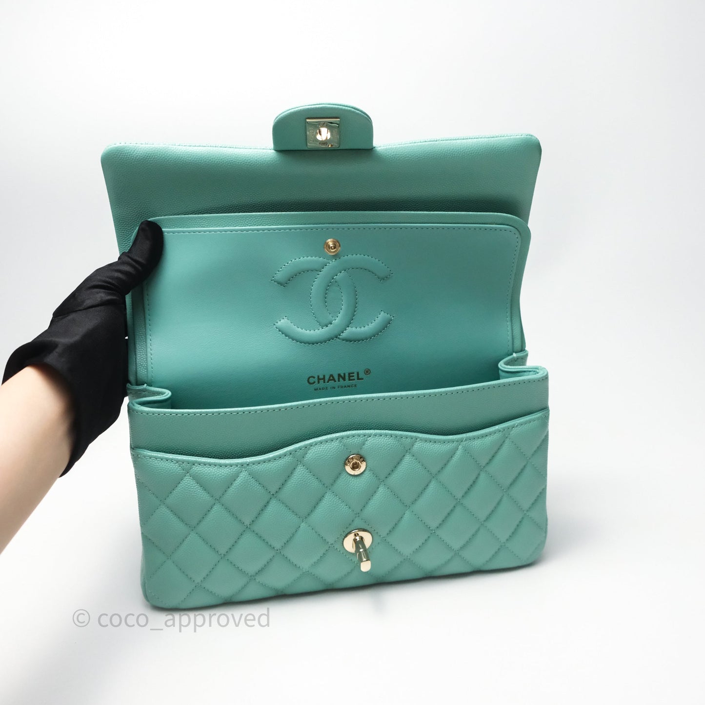 Chanel Classic M/L Medium Flap Quilted Tiffany Green Caviar Gold Hardware