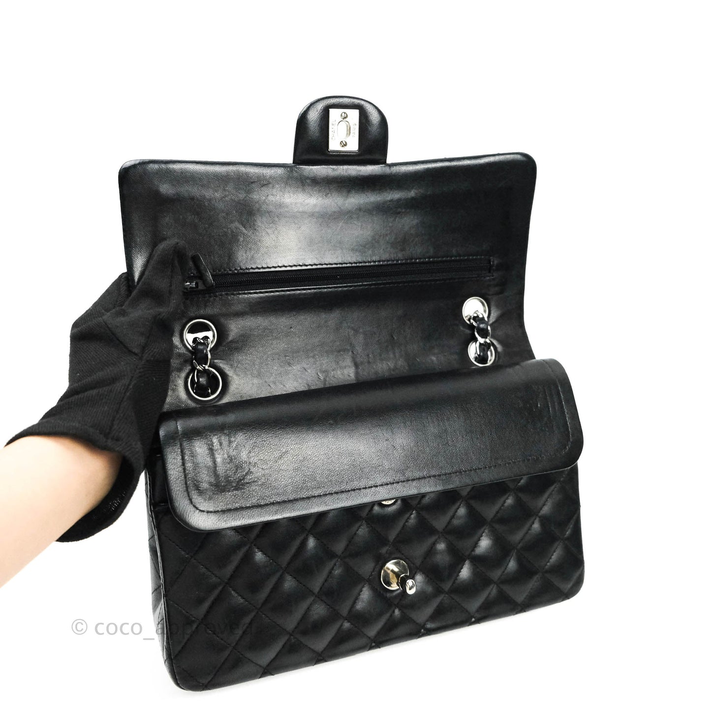 Chanel Classic M/L Medium Double Flap Bag Black Lambskin Silver Hardware