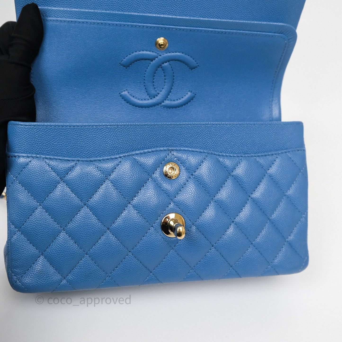 Chanel Small Classic Quilted Flap Blue Caviar Gold Hardware