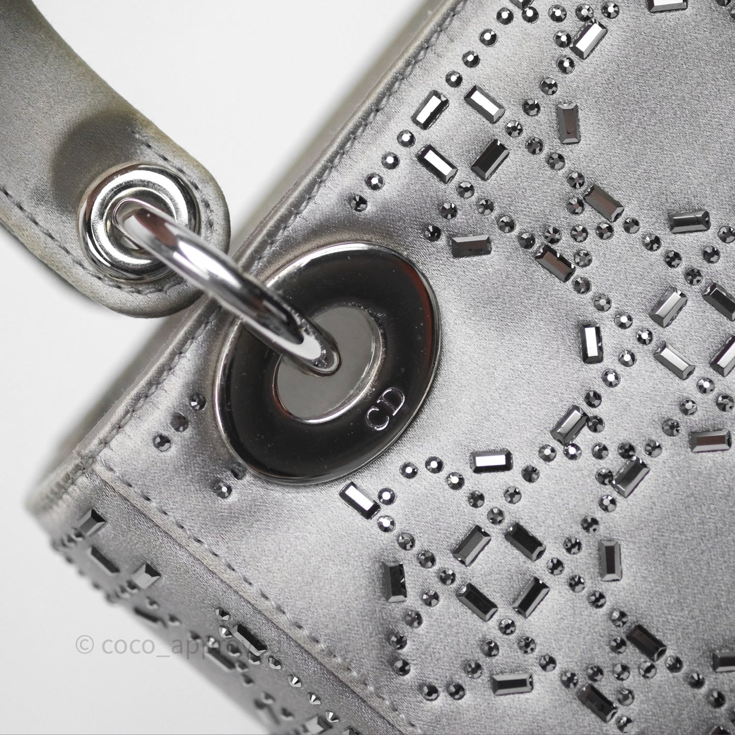 Christian Dior Mini Lady Dior Bag Grey Strass Cannage Satin Silver Hardware
