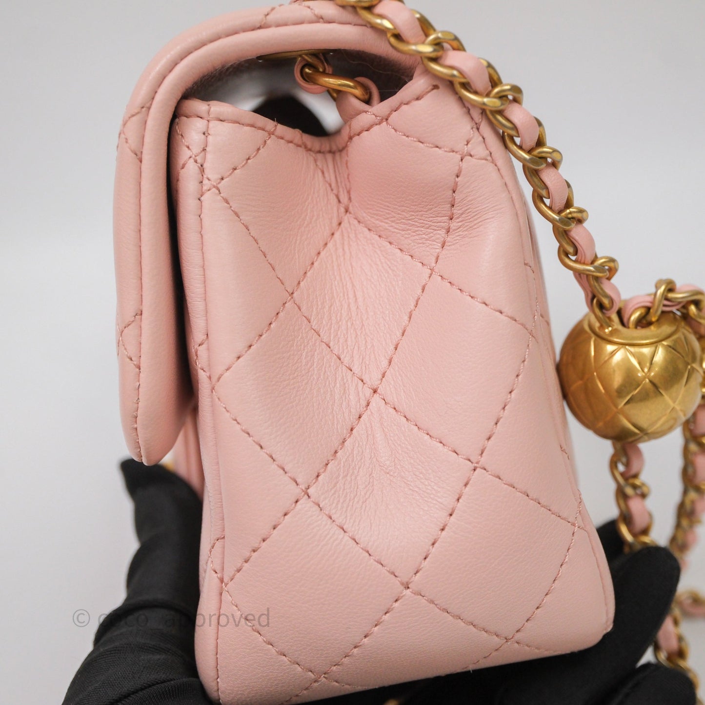 Chanel Pearl Crush Mini Square Quilted Pink Lambskin Aged Gold Hardware