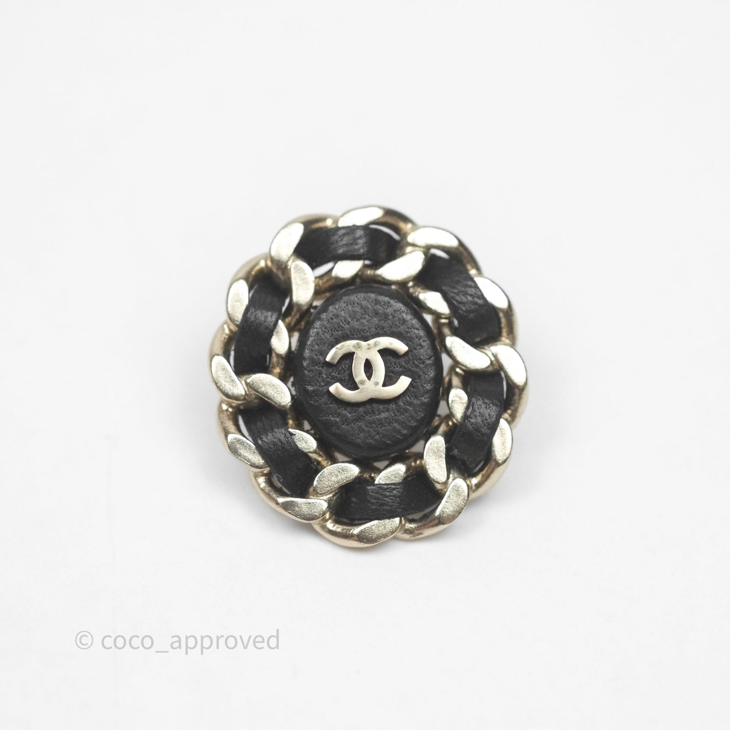 Chanel CC Black Leather Chain Round Earrings Aged Gold Tone 16B