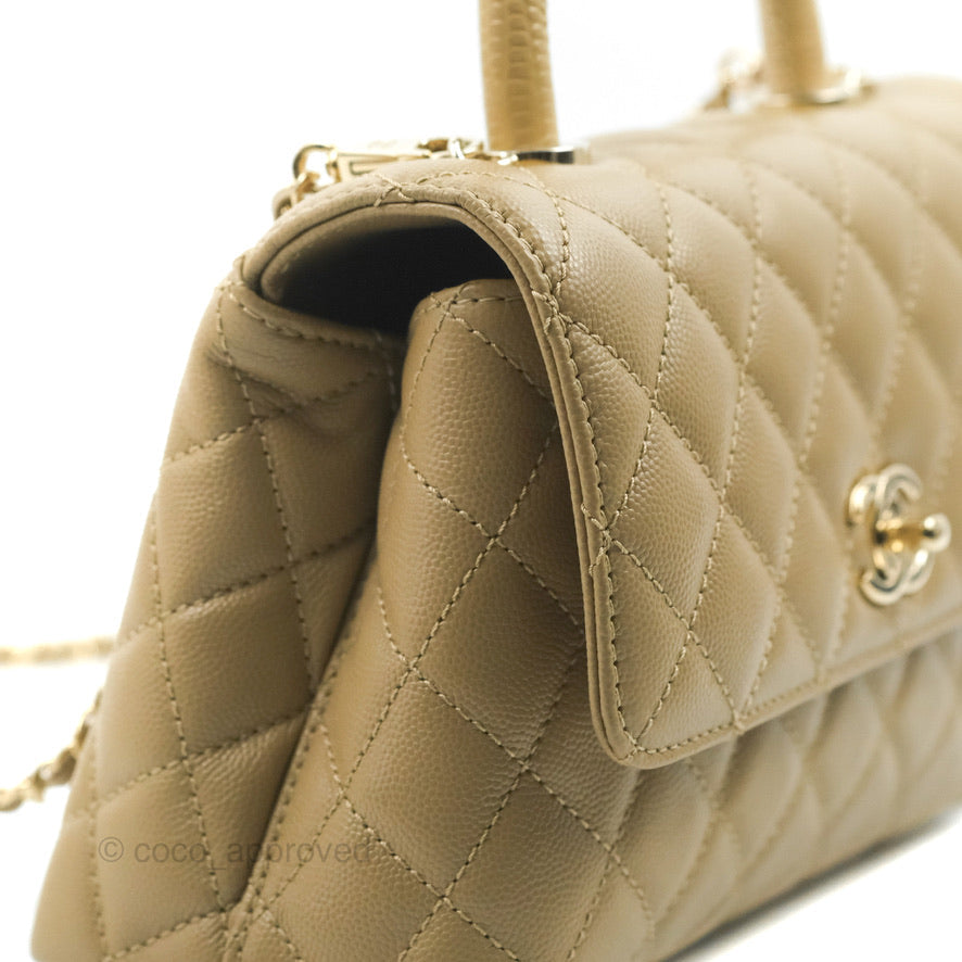 Chanel Small Coco Handle Quilted Dark Beige Caviar Gold Hardware Lizard Handle