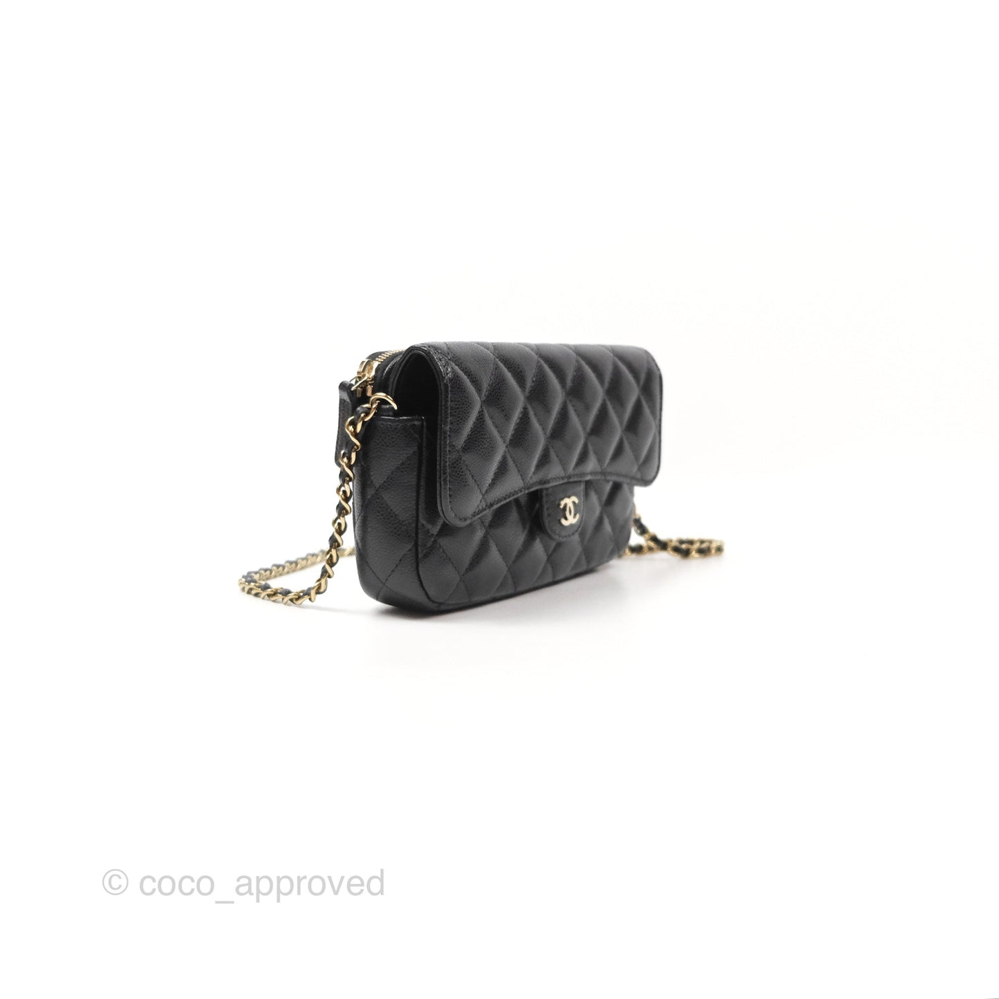 Chanel Classic Flap Phone Holder With Chain Black Caviar Gold Hardware 22A