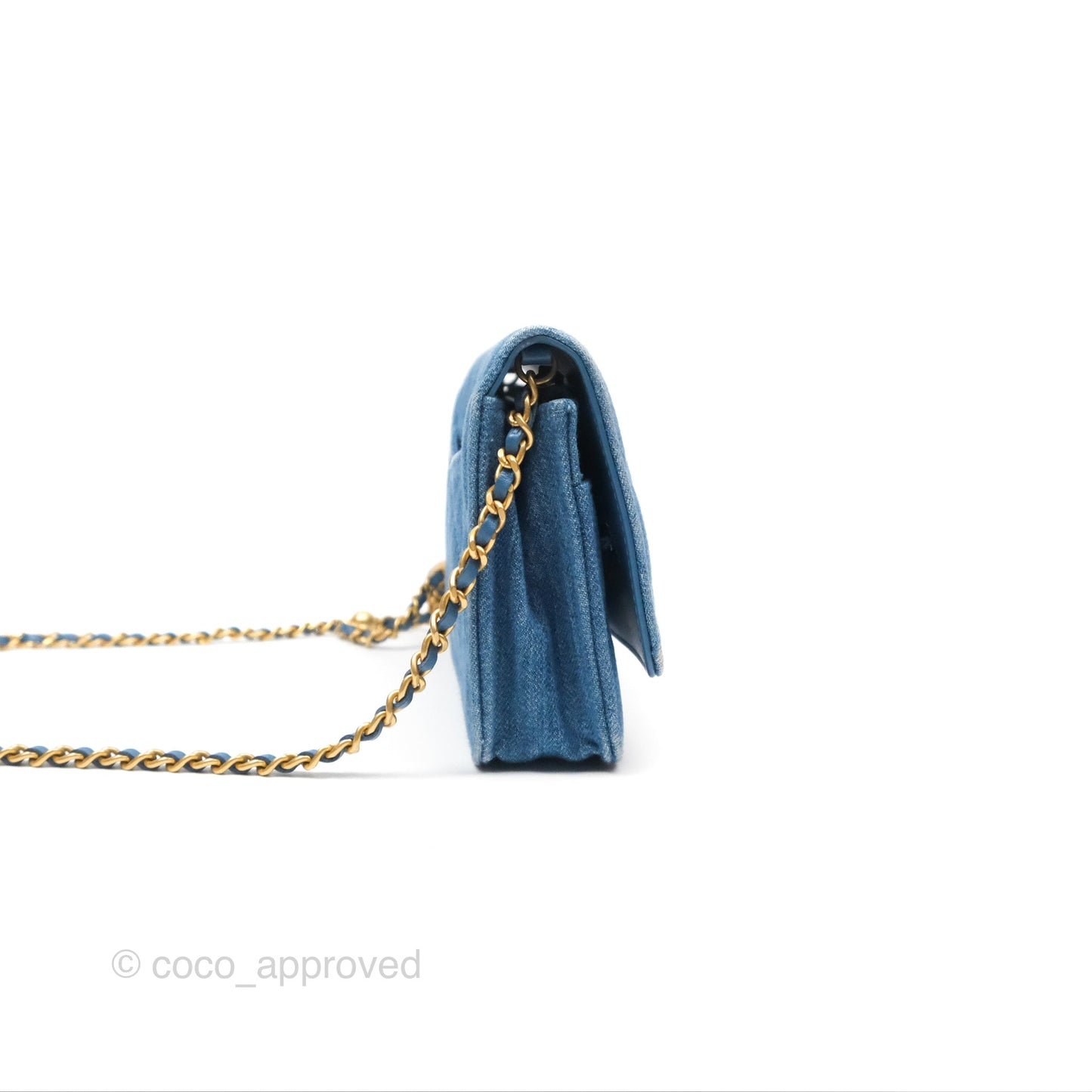 Chanel Quilted Pearl Crush Wallet on Chain WOC Denim Aged Gold Hardware